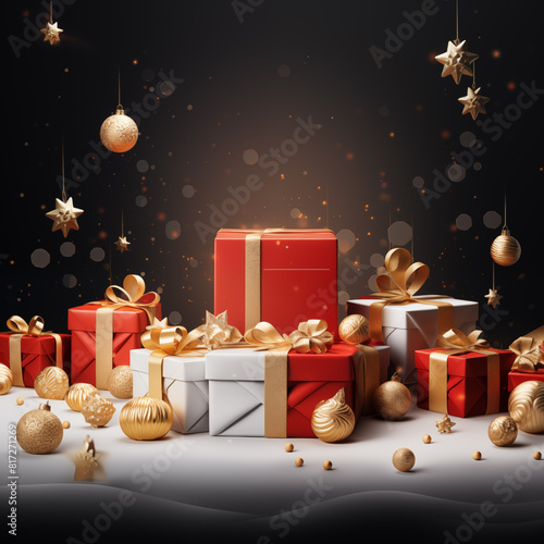 Christmas card template. Happy New year backdrop. Beautiful gift box.