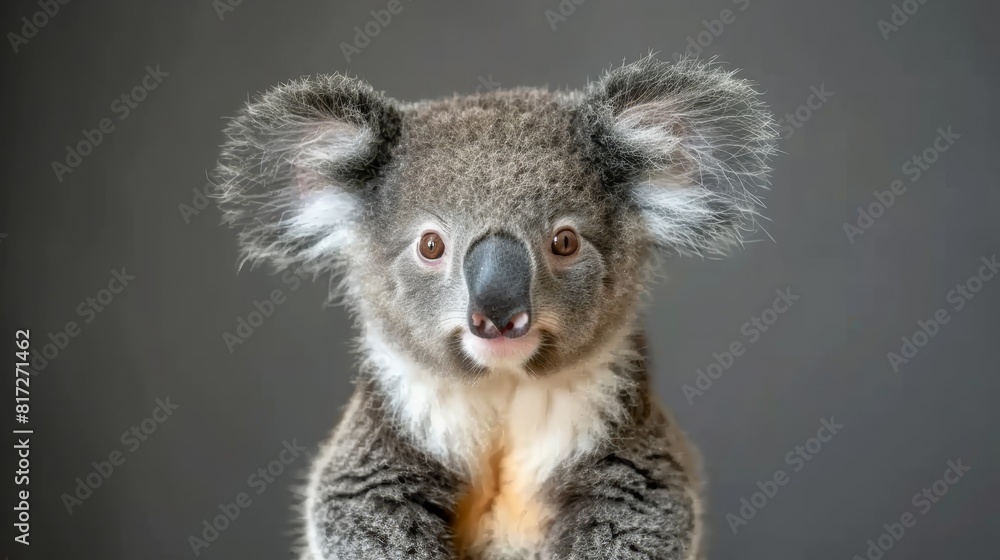 Naklejka premium A tight shot of a koala atop a table, head askew, eyes fixed wide