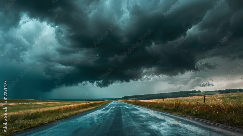 Side view of storm clouds above an asphalt road, indicating a rainy day landscape. Side view of storm clouds above an asphalt road, indicating a rainy day landscape.