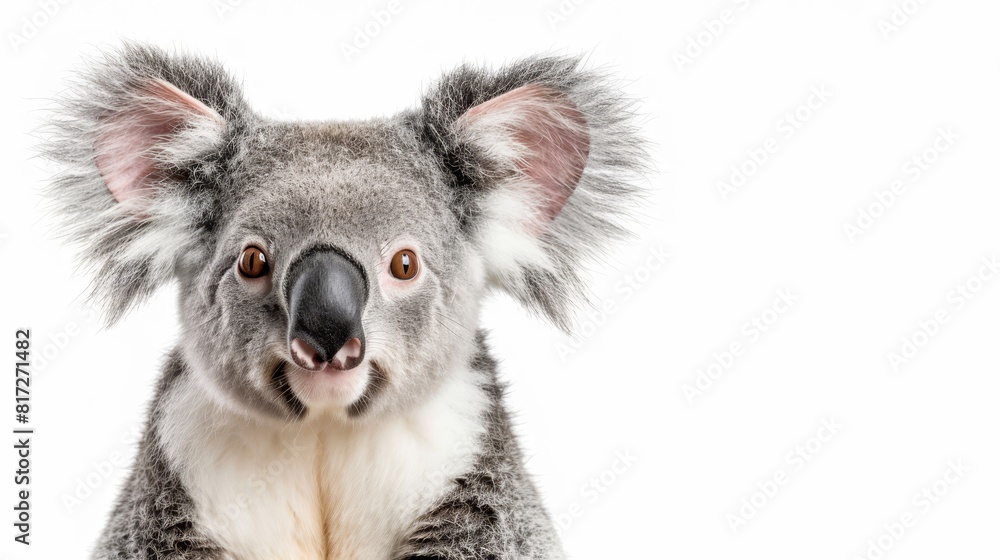 A koala in close-up, gazing at the camera with a shocked expression against a pristine white backdrop A koala in close-up, gazing at the camera with a shocked expression against a pristine white backdrop