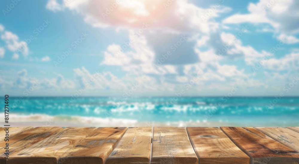wooden table top with a blurred background of the sea and sky, summer concept banner for displaying your products or montaging products on a wooden table