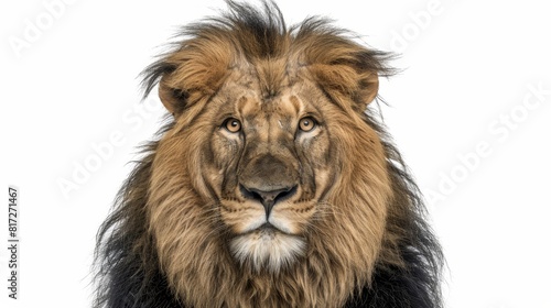  Close-up of a lion s intense face against a white background