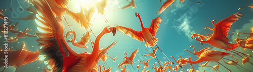 Imagine a flock of flamingos in flight photo