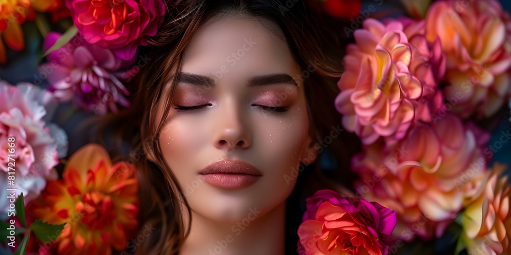 Closeup of a woman with eyes closed surrounded by blooming flowers. Concept Portrait Photography, Closeup Shot, Blooming Flowers, Woman's Eyes Closed Closeup of a woman with eyes closed surrounded by blooming flowers. Concept Portrait Photography, Closeup Shot, Blooming Flowers, Woman's Eyes Closed