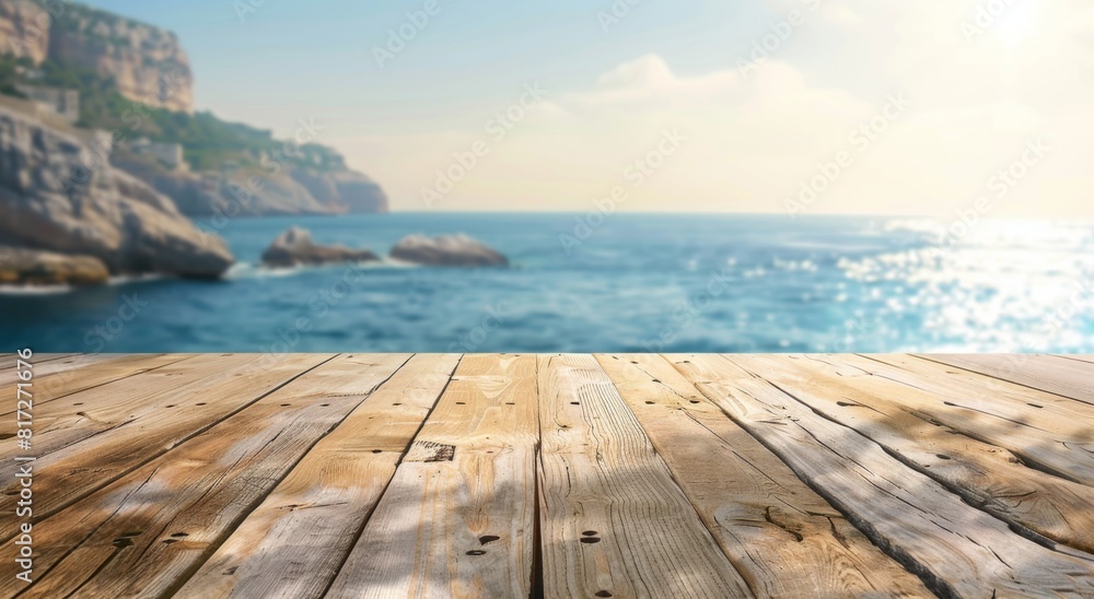 wooden table top with a blurred background of the sea and sky, summer concept banner for displaying your products or montaging products on a wooden table