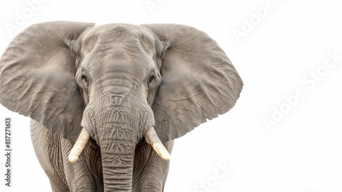  A tight shot of an elephant s head and curved tusks against a white backdrop  overlaid with a blue sky background
