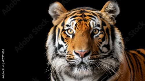  A tight shot of a tiger's intense face against a black backdrop, gazing directly into the camera © Jevjenijs