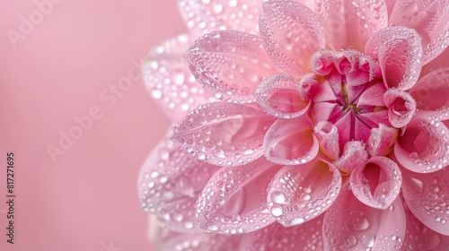  A tight shot of a pink flower with dewdrops on its petals and in its center