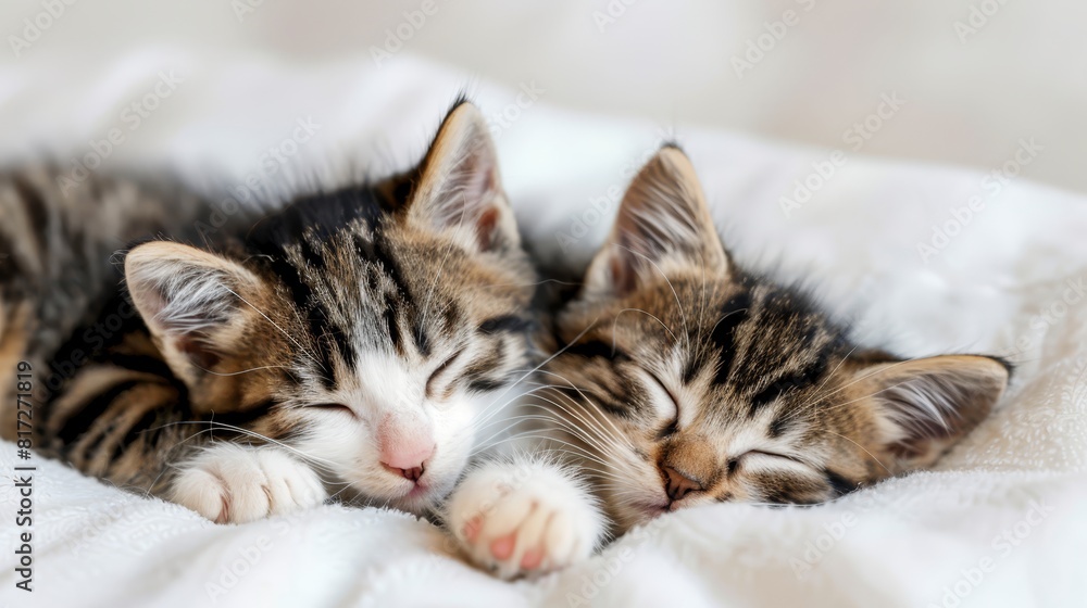 A few kittens resting atop each other on a white bedspread A few kittens resting atop each other on a white bedspread