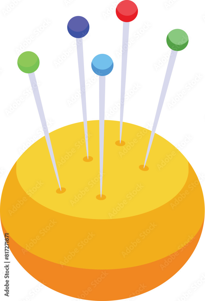 Digital illustration featuring a yellow pin cushion with multicolored push pins Digital illustration featuring a yellow pin cushion with multicolored push pins