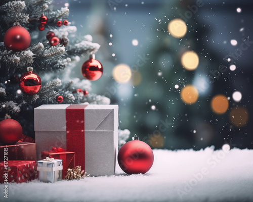 Christmas card template. Happy New year backdrop. Beautiful gift box.