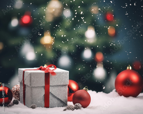 Christmas card template. Happy New year backdrop. Beautiful gift box.