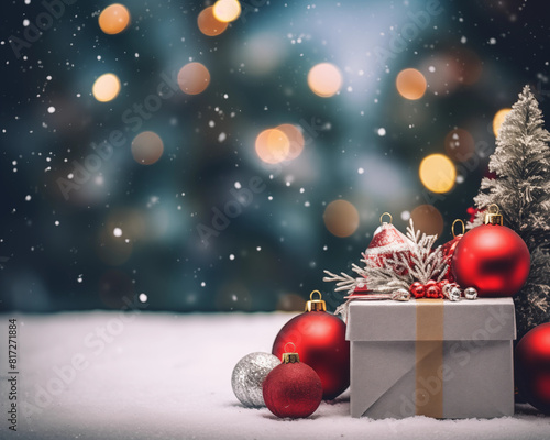 Christmas card template. Happy New year backdrop. Beautiful gift box.