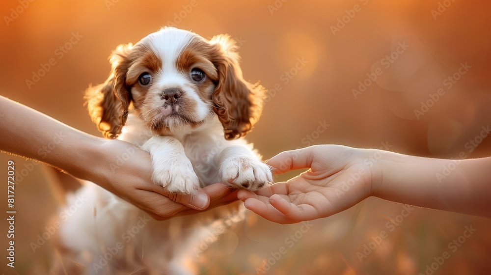 A small brown-and-white dog sits on a hand, beside it is a similar-sized white-and-brown dog A small brown-and-white dog sits on a hand, beside it is a similar-sized white-and-brown dog