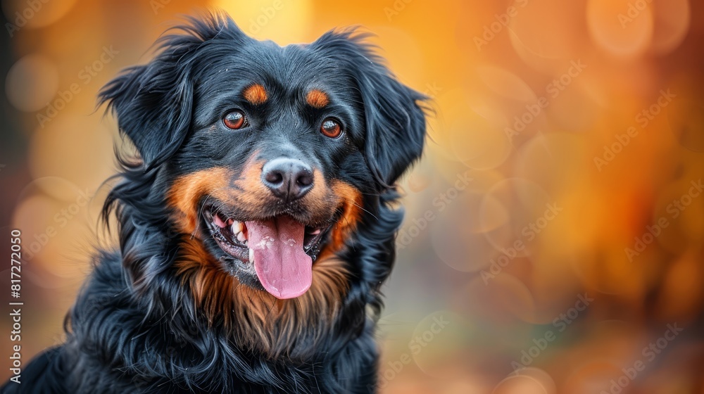 A tight shot of a black and brown canine with its tongue out and a hazy background A tight shot of a black and brown canine with its tongue out and a hazy background