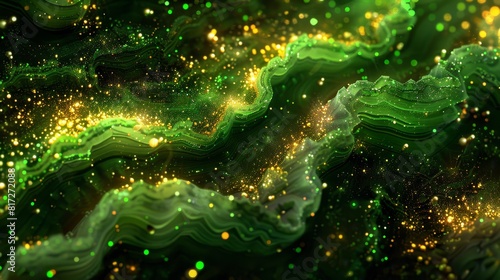  A black background bears an intricately swirled image in green and yellow hues, adorned with golden flecks and shimmering sparkles