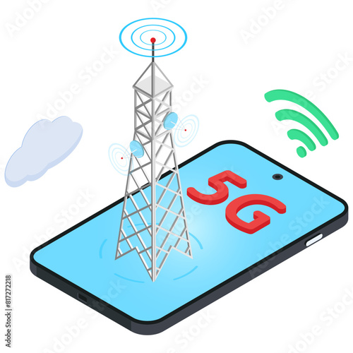 Isometric 5G Cell Tower Connecting Smartphone