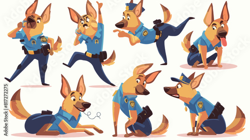 Set of funny shepherd dog character in police unifo