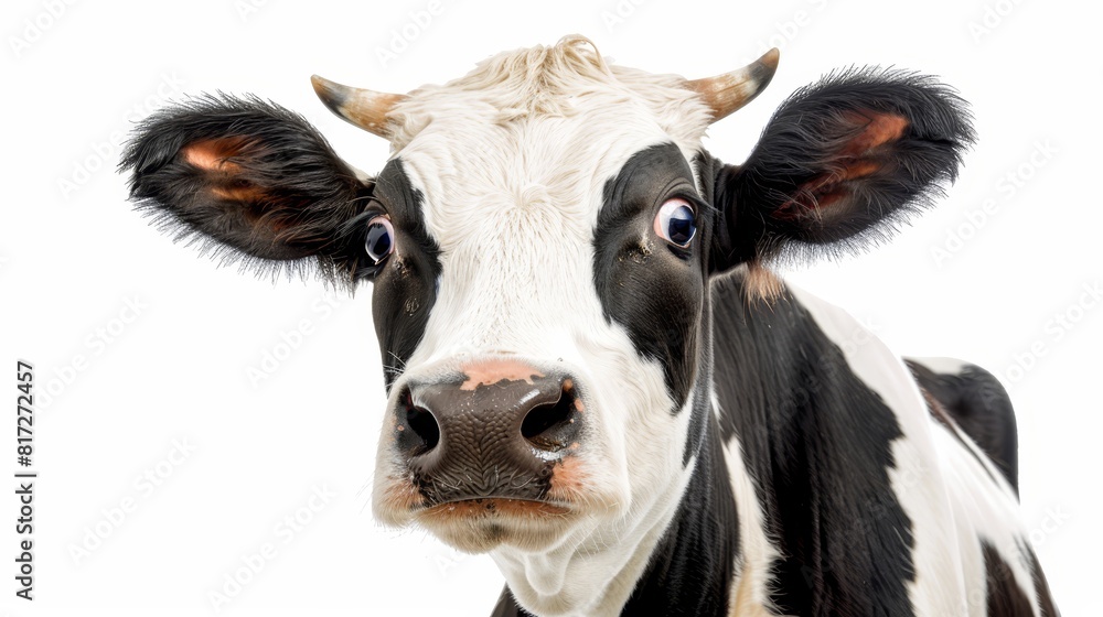 A tight shot of a black-and-white cow's face gazing into the camera against a pristine white backdrop A tight shot of a black-and-white cow's face gazing into the camera against a pristine white backdrop
