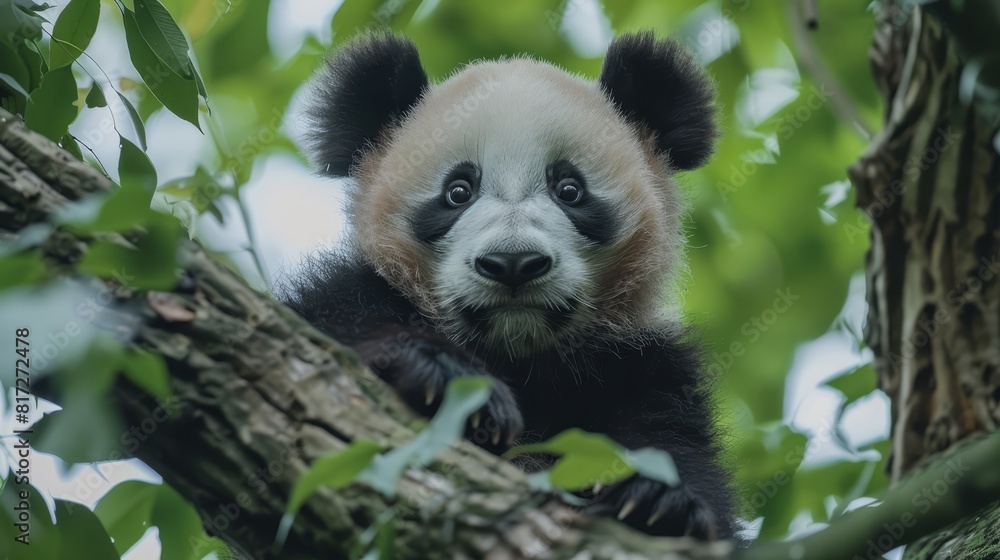 A tight shot of a panda in a tree, gazing at the camera with a forlorn expression A tight shot of a panda in a tree, gazing at the camera with a forlorn expression