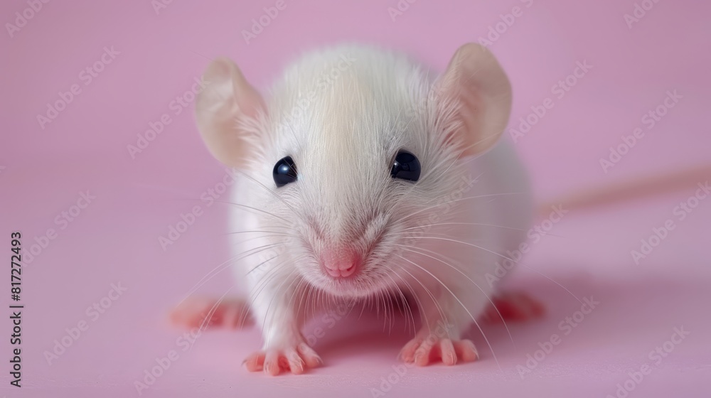 A tight shot of a small white mouse against a pink backdrop, one eye opened fully, the other slightly ajar A tight shot of a small white mouse against a pink backdrop, one eye opened fully, the other slightly ajar