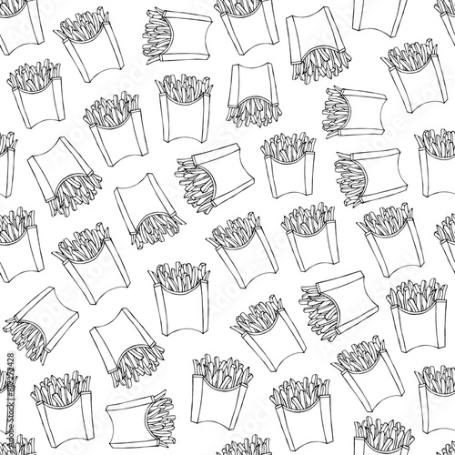 Seamless background with fast food, patterns with packages of French fries. Delicious popular food from fast food restaurants, vector image. Endless background. Stylized images of food. Ready potatoes