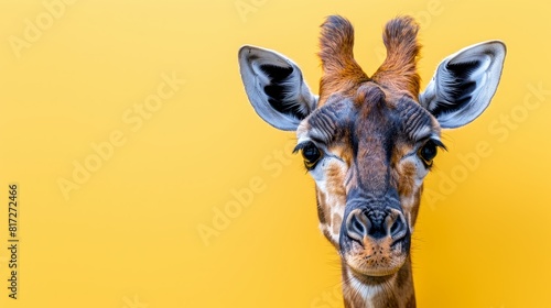  A giraffe s face in close-up against a yellow backdrop ..Or  for a more descriptive version ..A vivid