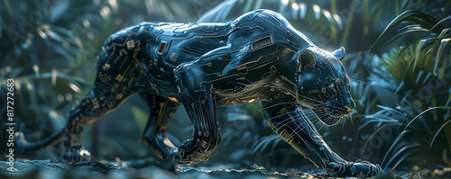 Capture the sleek silhouette of a metallic panther merging with futuristic circuits in a digital art piece Show it prowling through a holographic jungle with a dynamic camera angle photo