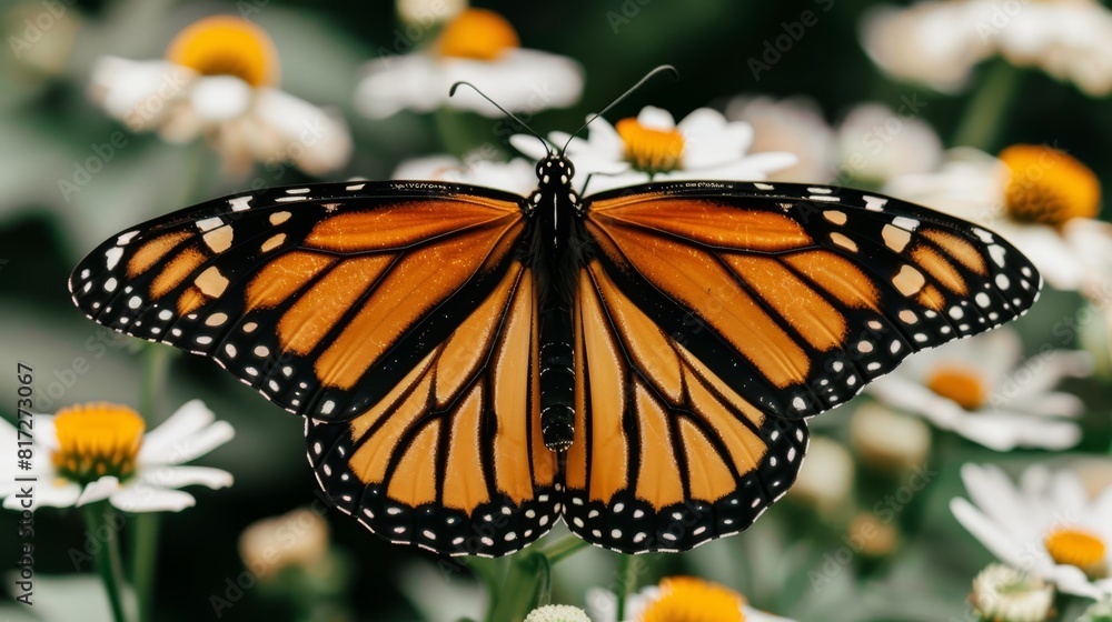 A tight shot of a butterfly sipping nectar from a bloom, surrounded by numerous flowers in a softly blurred background A tight shot of a butterfly sipping nectar from a bloom, surrounded by numerous flowers in a softly blurred background