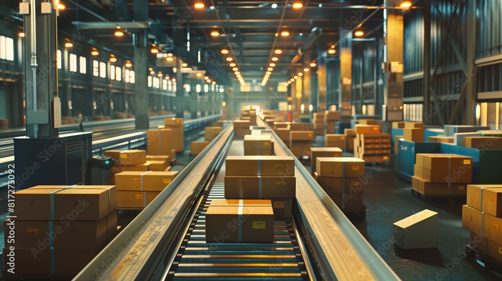 Conveyor belt sorting parcels by destination at a bustling distribution center. Conveyor belt sorting parcels by destination at a bustling distribution center.