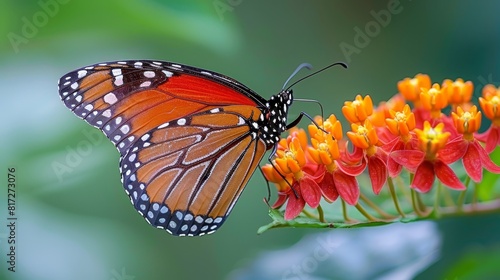  Butterfly hovering over orange-red flowers   blurred background