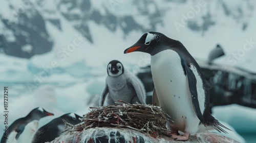  A pair of penguins atop a haystack near their nest  backed by an additional penguin