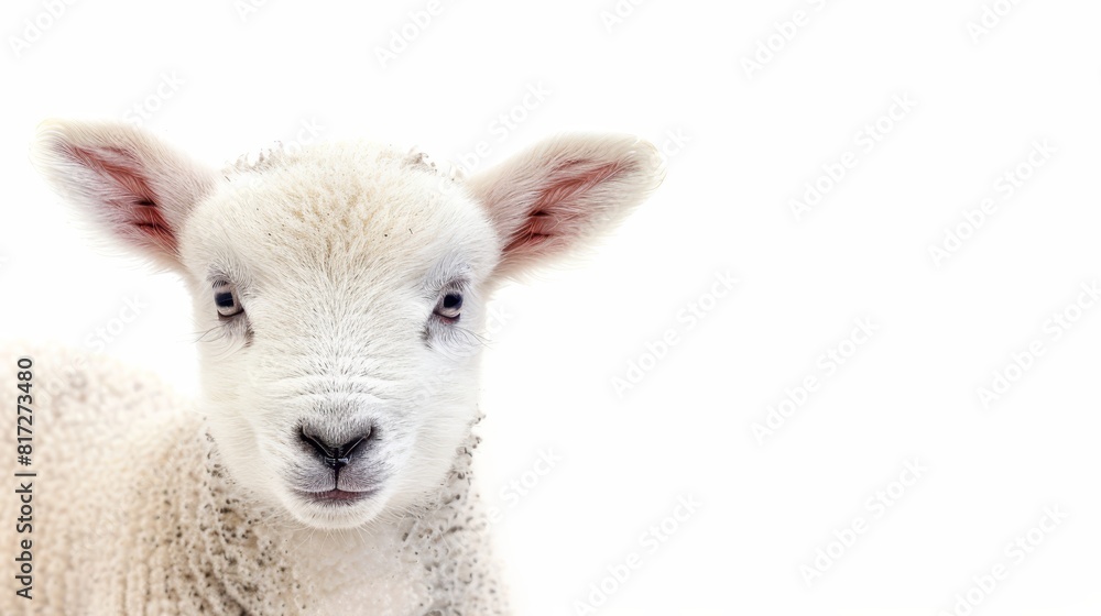 A tight shot of a sheep's head against a plain white backdrop, softened sky behind blurred A tight shot of a sheep's head against a plain white backdrop, softened sky behind blurred