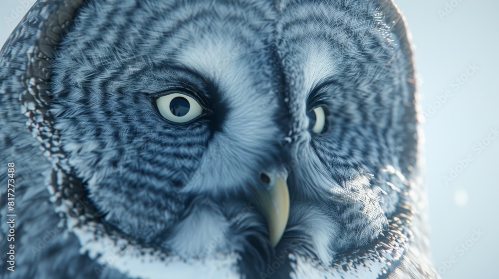 Close-up of an owl's face with snow on its head and a blue sky as the backdrop Close-up of an owl's face with snow on its head and a blue sky as the backdrop