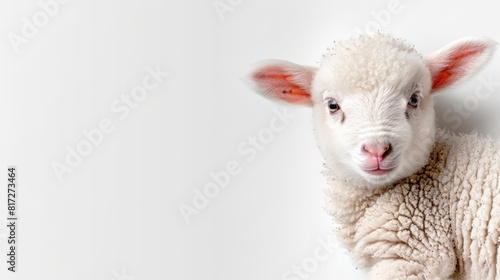  A tight shot of a sheep's face against a pure white background, with a blank white wall behind it