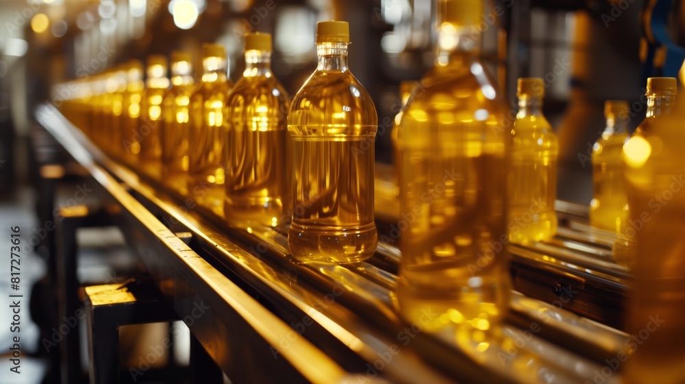 High-speed bottling line filling and capping bottles of olive oil in a food processing plant. High-speed bottling line filling and capping bottles of olive oil in a food processing plant.