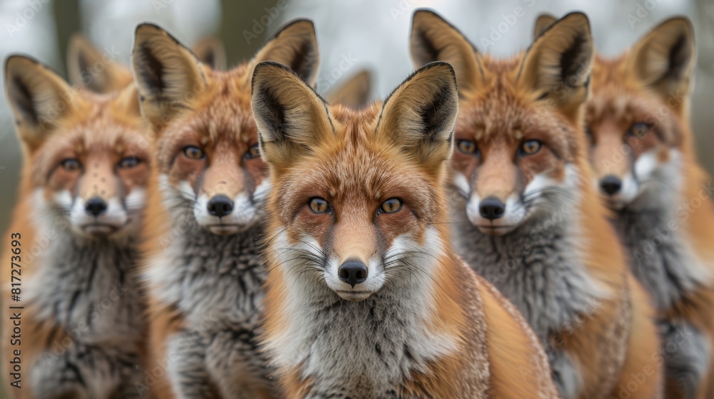  A group of foxes stands together on a grassy field, surrounded by trees in the background