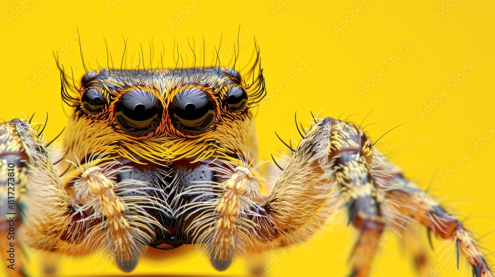 A tight shot of a spider against a yellow backdrop, featuring a black dot on one of its leg joints A tight shot of a spider against a yellow backdrop, featuring a black dot on one of its leg joints