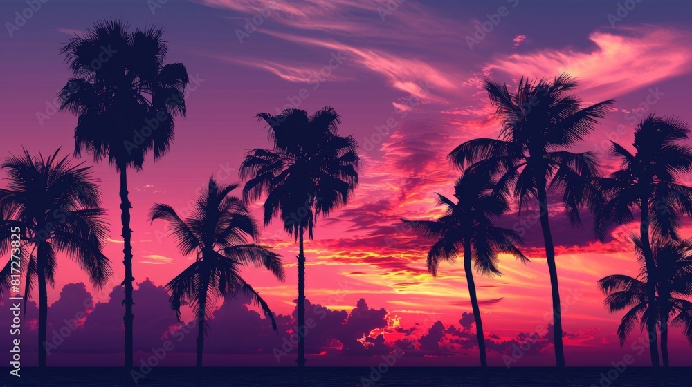 Palm Trees Tropical. Silhouette of Palm Trees at Sunset with Beautiful Sky and Clouds