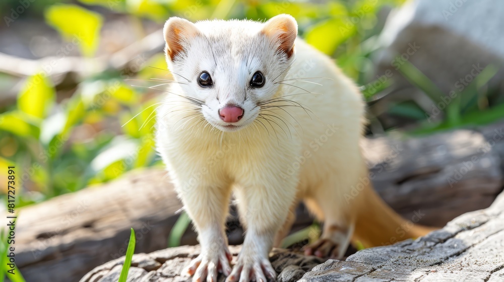 A ferret up-close on a tree branch against a grass backdrop and an out-of-focus background A ferret up-close on a tree branch against a grass backdrop and an out-of-focus background