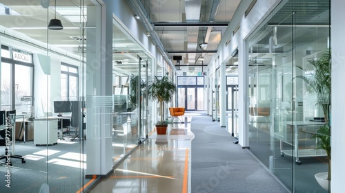 A long office hallway with glass walls on either side.  photo