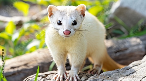  A ferret up-close on a tree branch against a grass backdrop and an out-of-focus background © Jevjenijs
