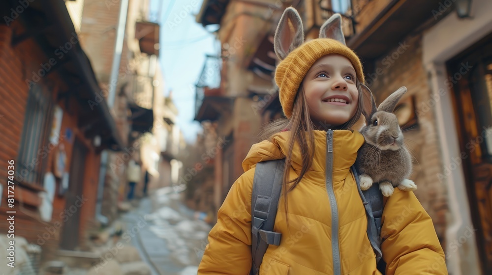  A small girl in a yellow jacket, a bunny with a yellow jackets, and a cat donning a yellow hat