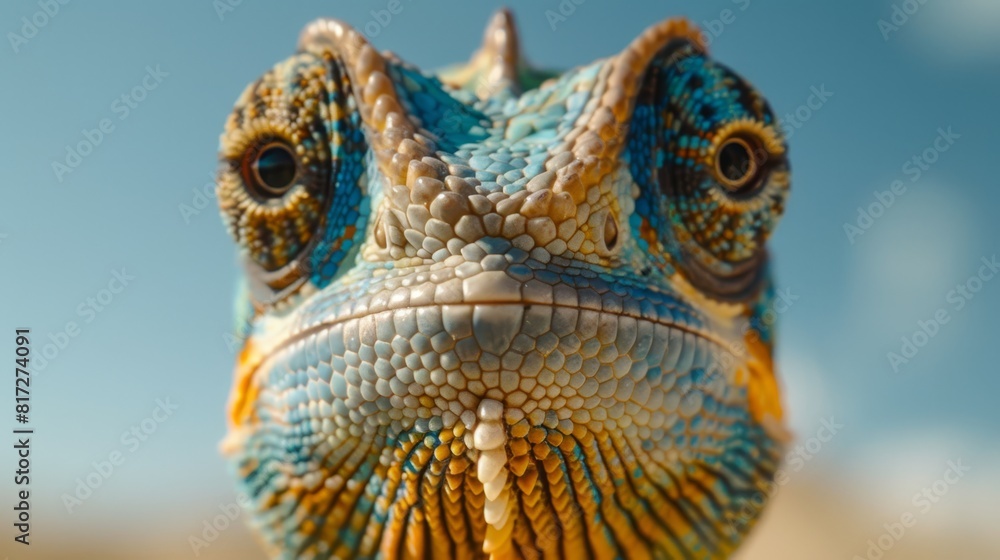 A tight shot of a lizard's expressive face against a backdrop of a clear, blue sky A tight shot of a lizard's expressive face against a backdrop of a clear, blue sky