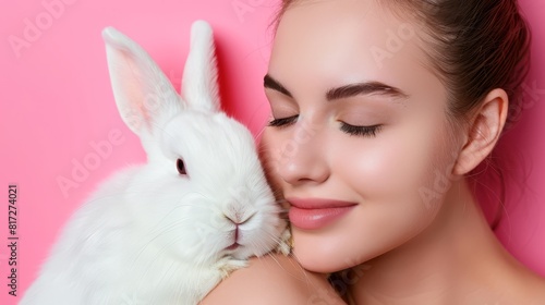  A tight shot of a person embracing a rabbit against a pink backdrop Background consists of a pink wall Foreground features a woman's face © Jevjenijs
