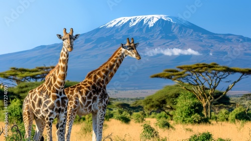  Two giraffes face mountainside  one behind the other Snow-capped peak dominates backdrop