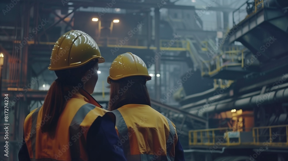 Industrial maintenance technicians conducting routine inspections on a network of overhead cranes in a steel foundry. Industrial maintenance technicians conducting routine inspections on a network of overhead cranes in a steel foundry.
