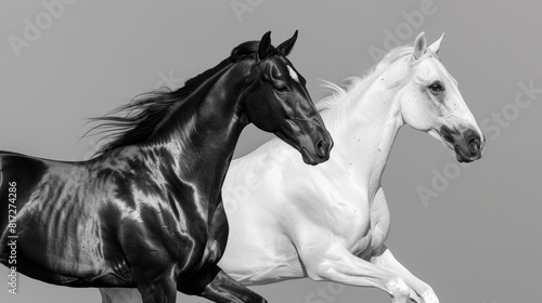  Two horses  one black and one white  gallop together in a monochrome photograph against a gray backdrop