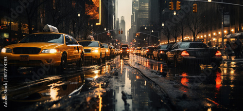 many taxi cabs parked in a dark wet city street