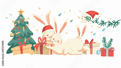 Set of horizontal New Year banners with rabbits in